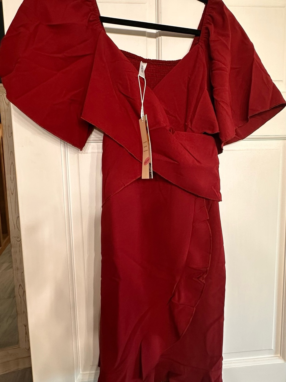 Off-Shoulder Wine Ruffle Midi Dress